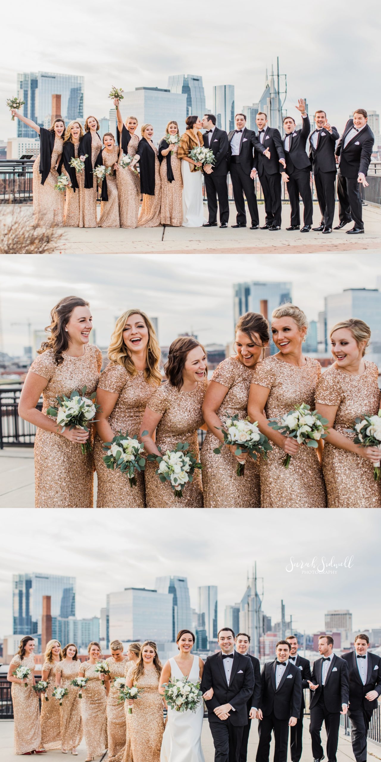 A wedding party squishes together for a photo | Sarah Sidwell Photography | The Bell Tower