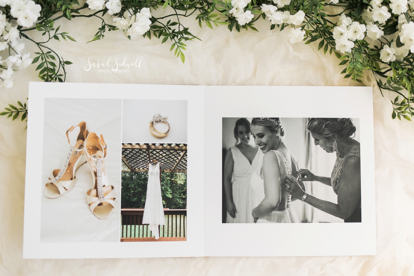 Wedding photo albums are opened to show the quality of the product. 