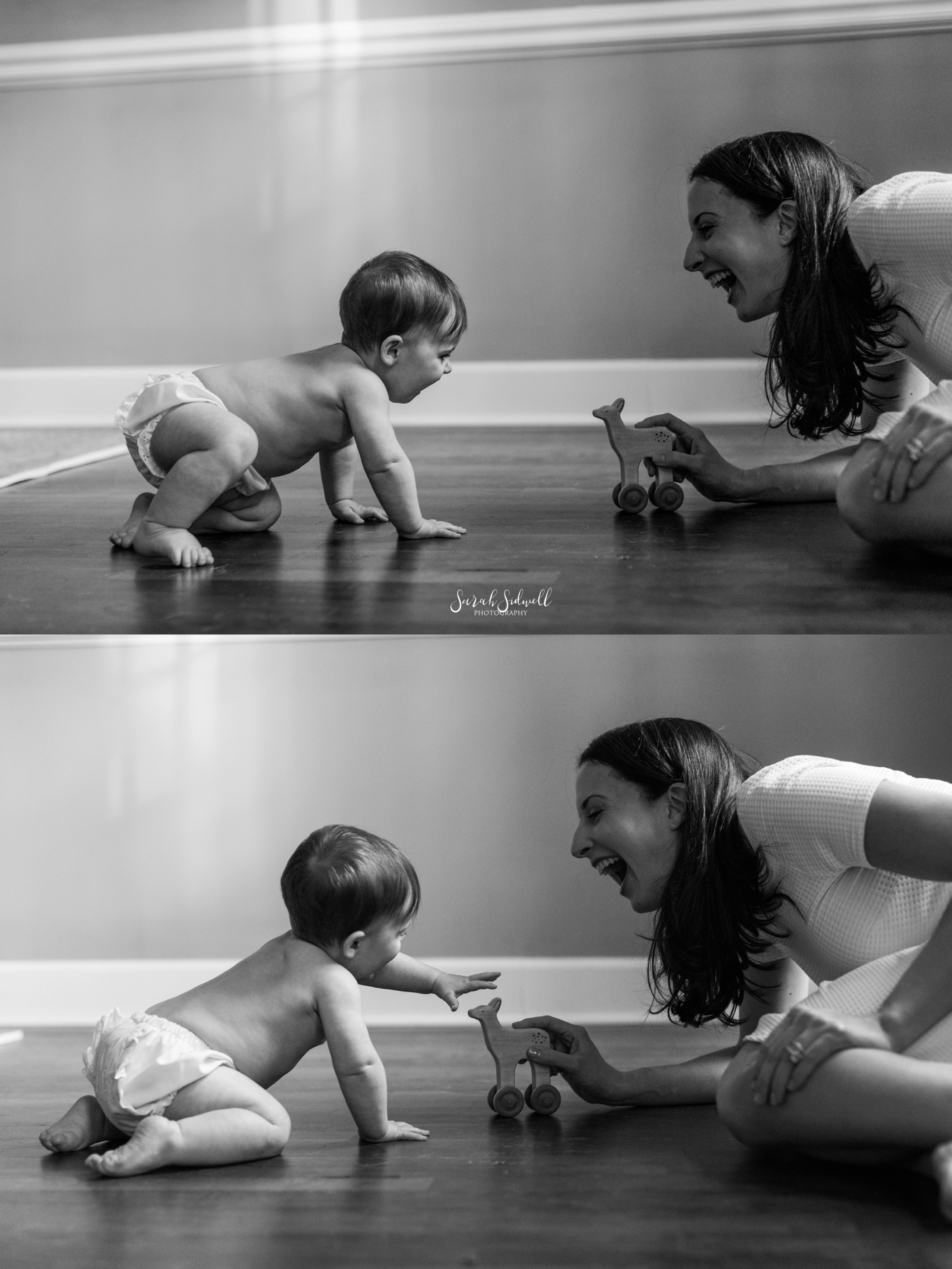 A mom plays on the floor with her baby. 