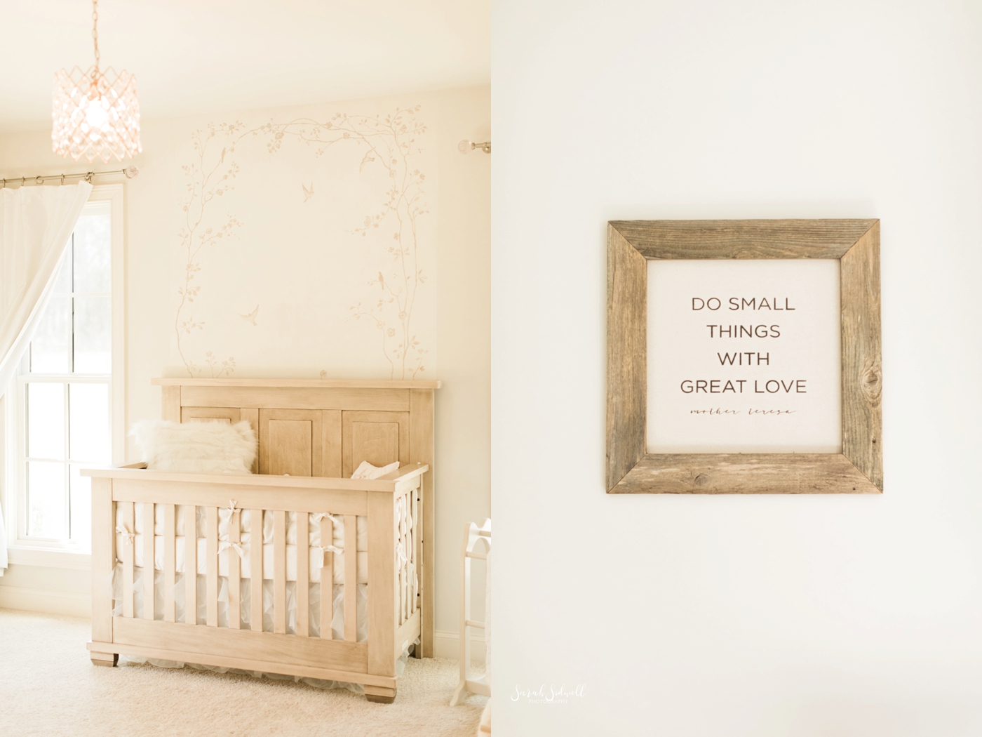 A crib is photographed in a nursery. 