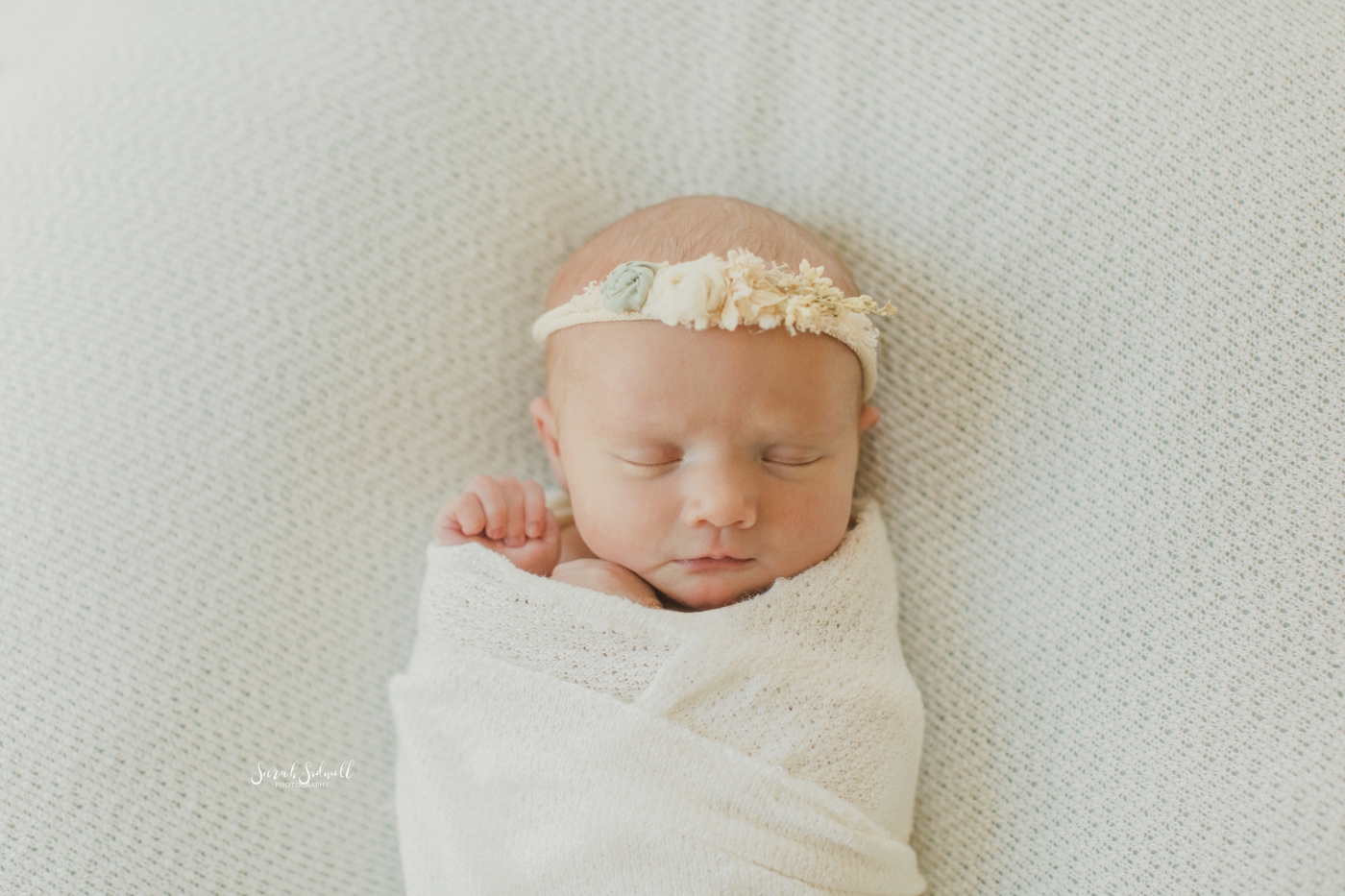 A baby is swaddled in a white blanket and wears a flower headband. 