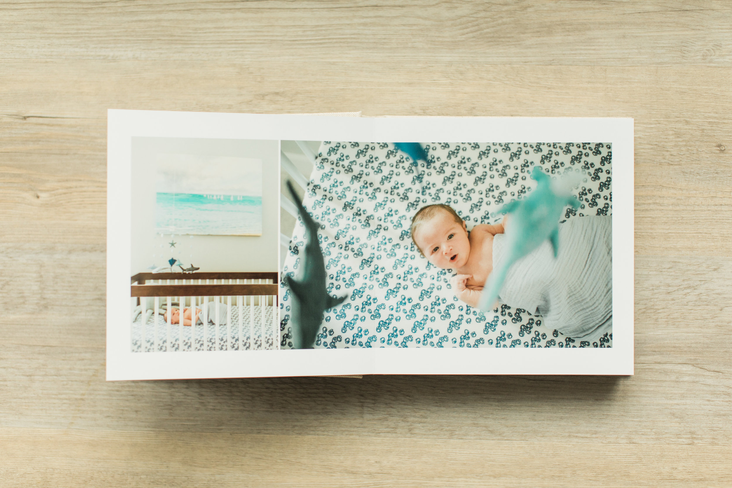 Inside pages of a baby photo album. 