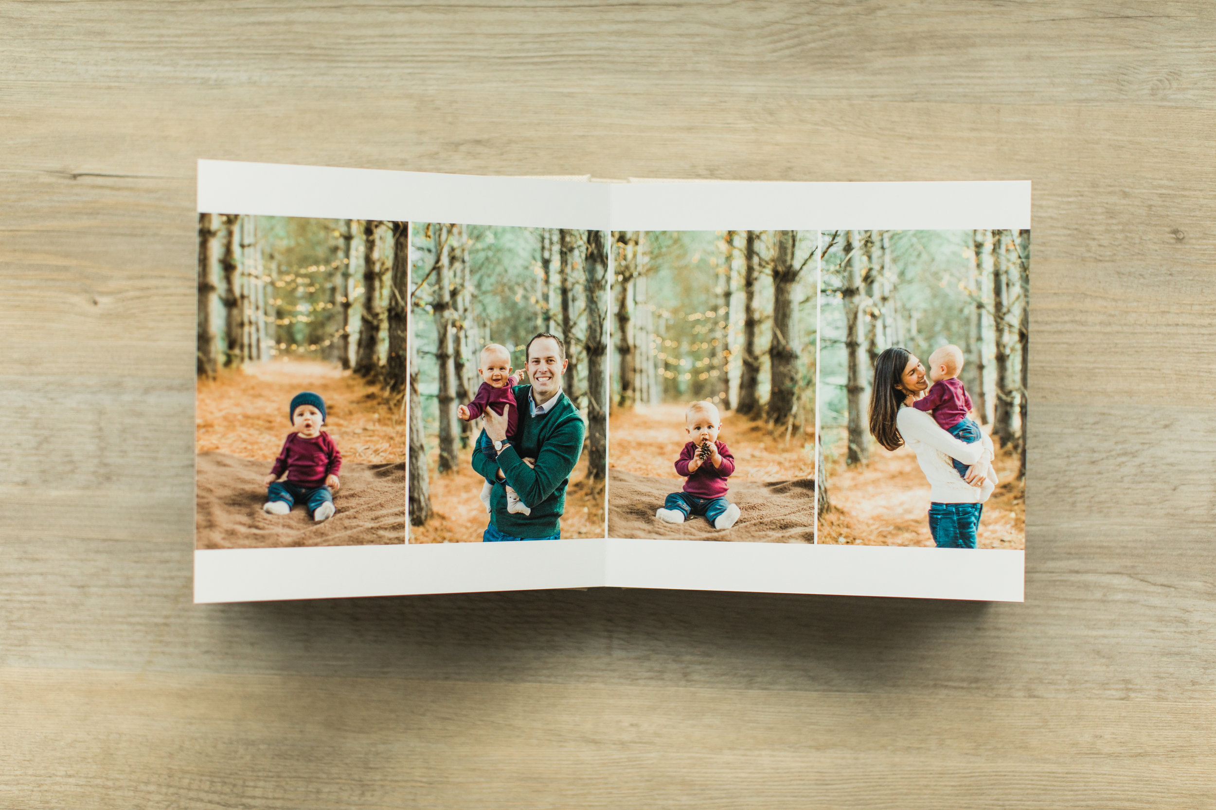 Outdoor photos are shown in a baby photo album. 