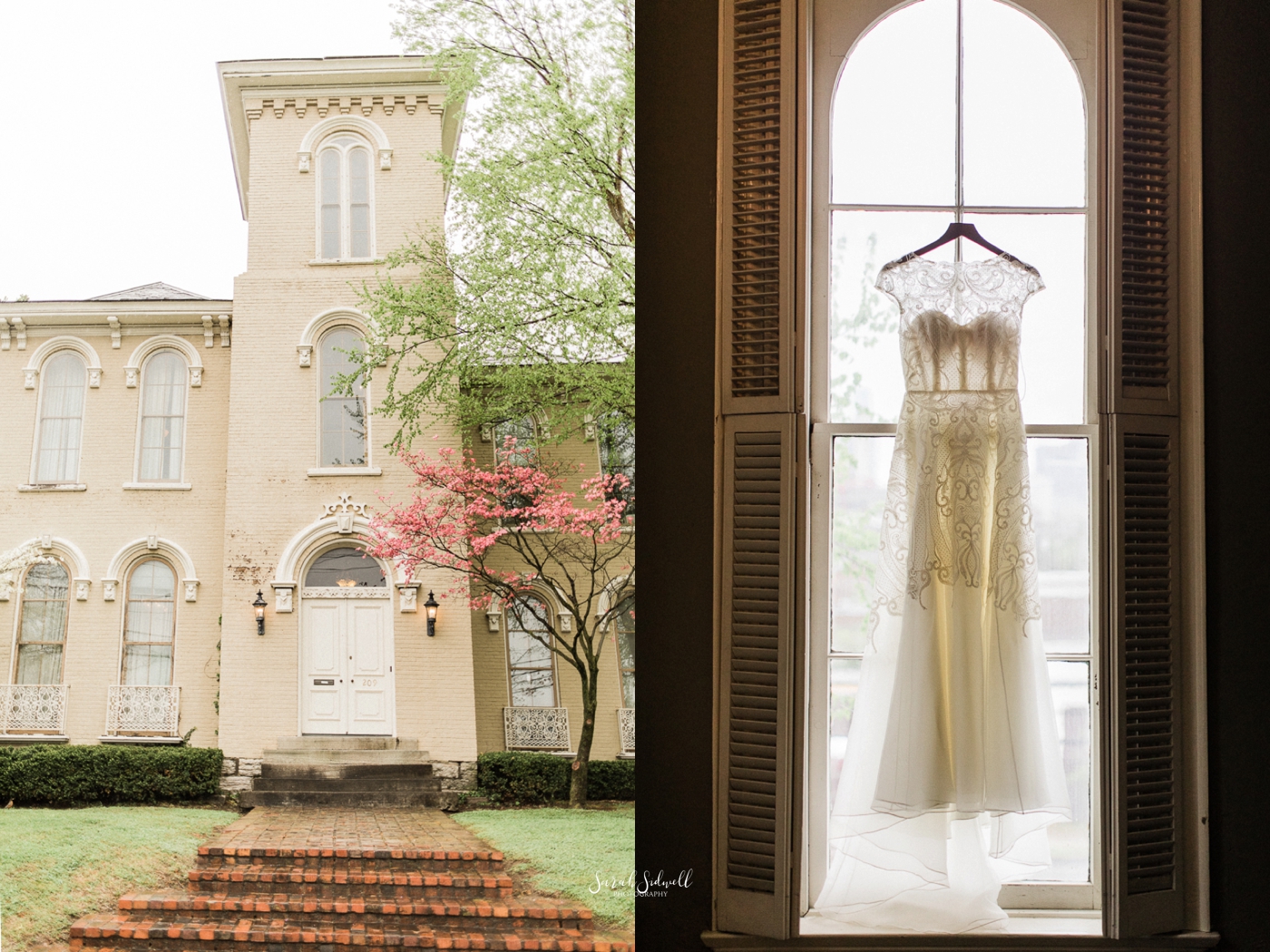 A dress hangs in front of the entrance to East Ivy Mansion.