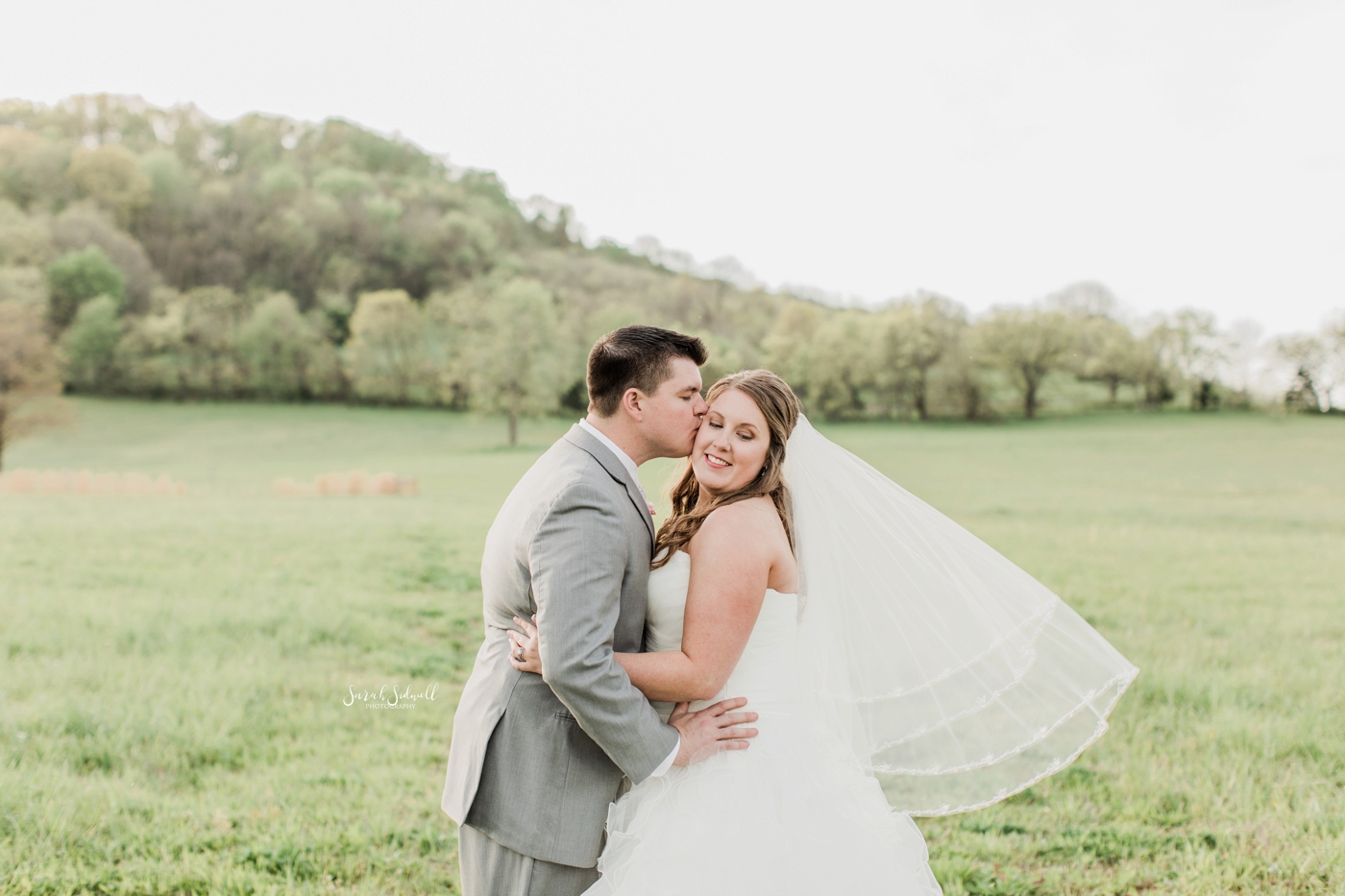 A groom kisses his bride in a green field of grass. 