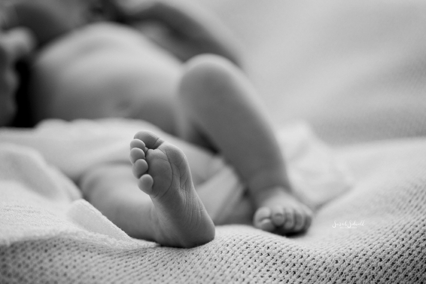 A newborn's foot flexes as he sleeps peacefully.