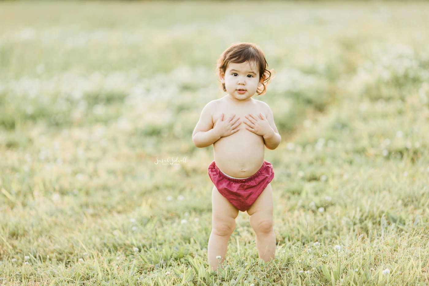 A toddler stands in a green field wearing only red bloomers. 