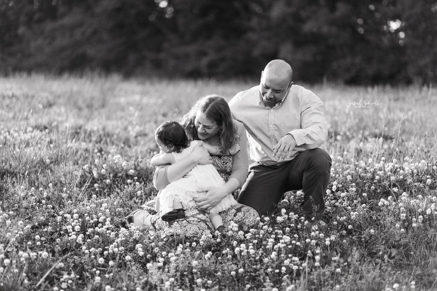 Parents kneel with their toddler as she explores a field of flowers. 