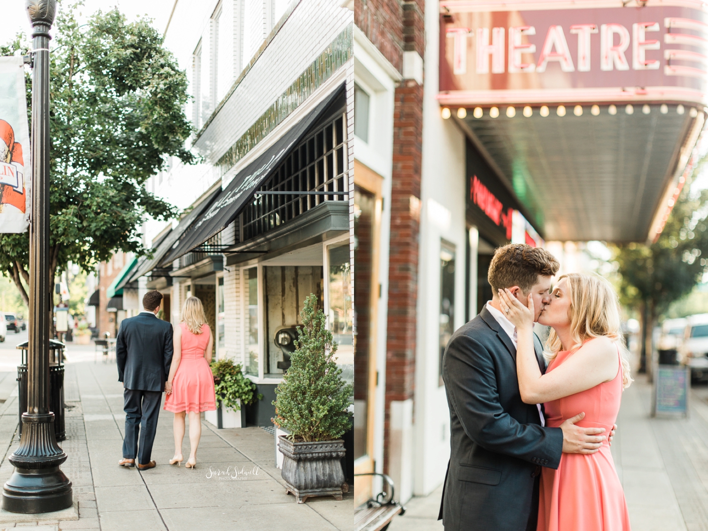 A couple share a passionate kiss celebrating their Nashville engagement. 
