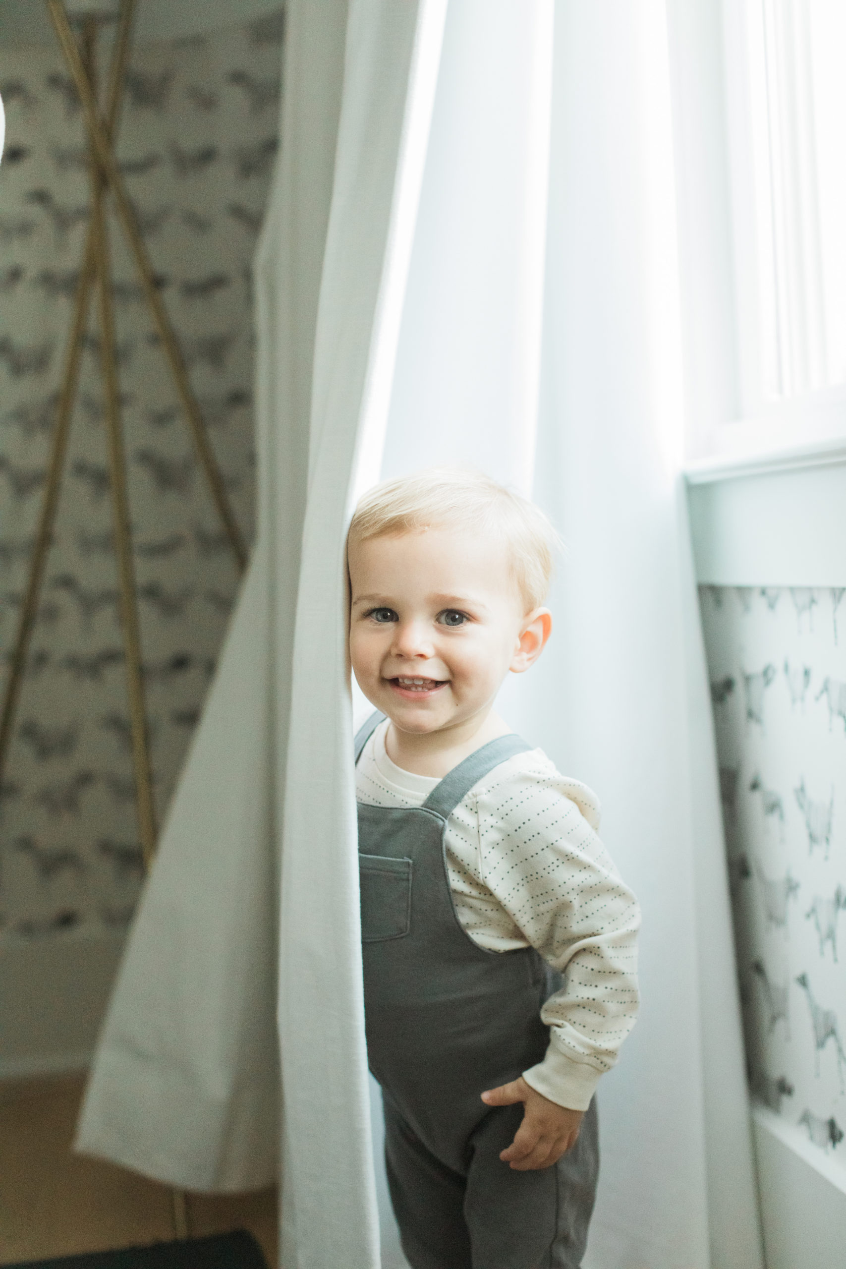 Baby boy in grey overalls and cream long sleeve shirt with dot print. Boy hiding behind curtains.