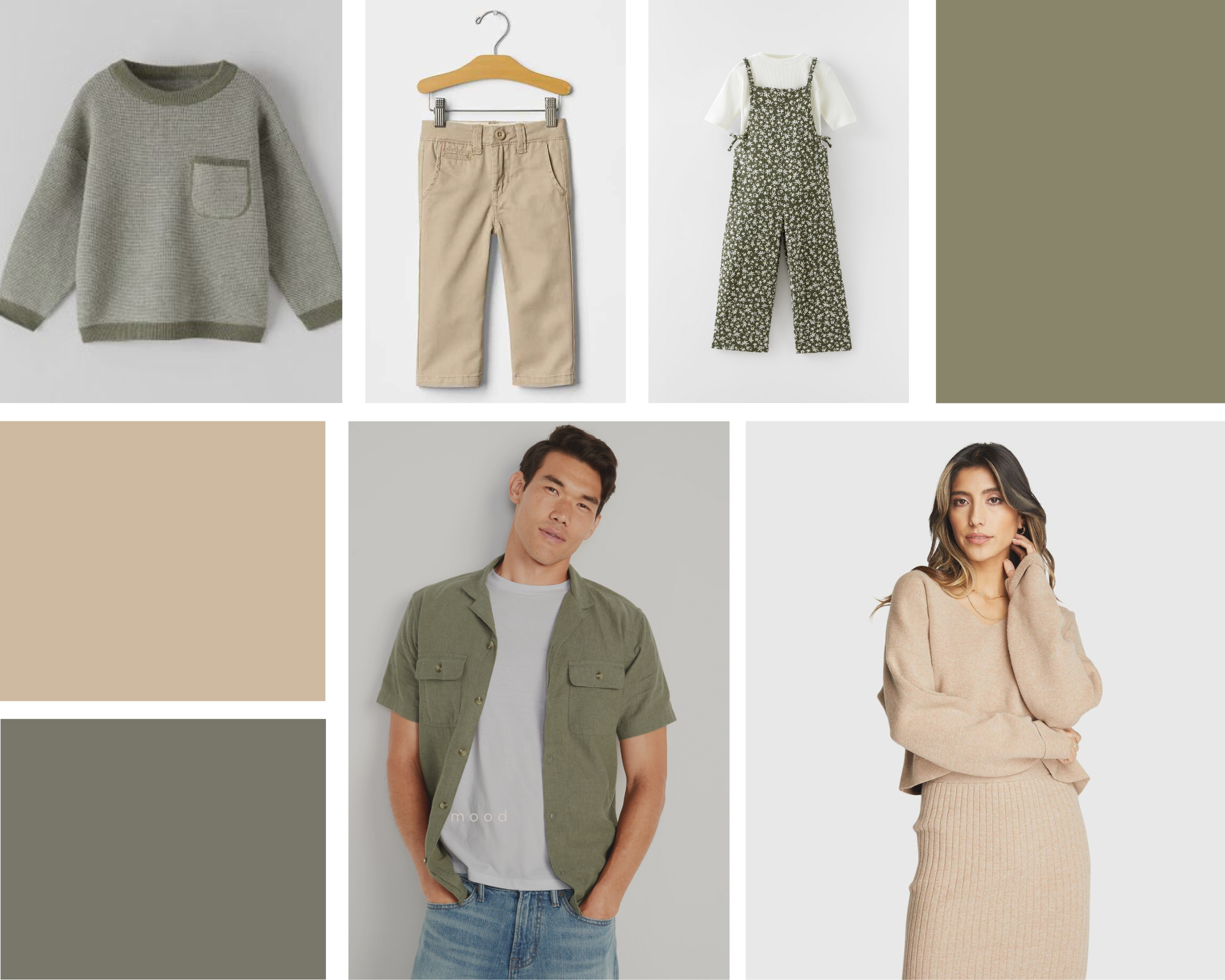 mood board for family photos, inspo. military green and neutral color palette.