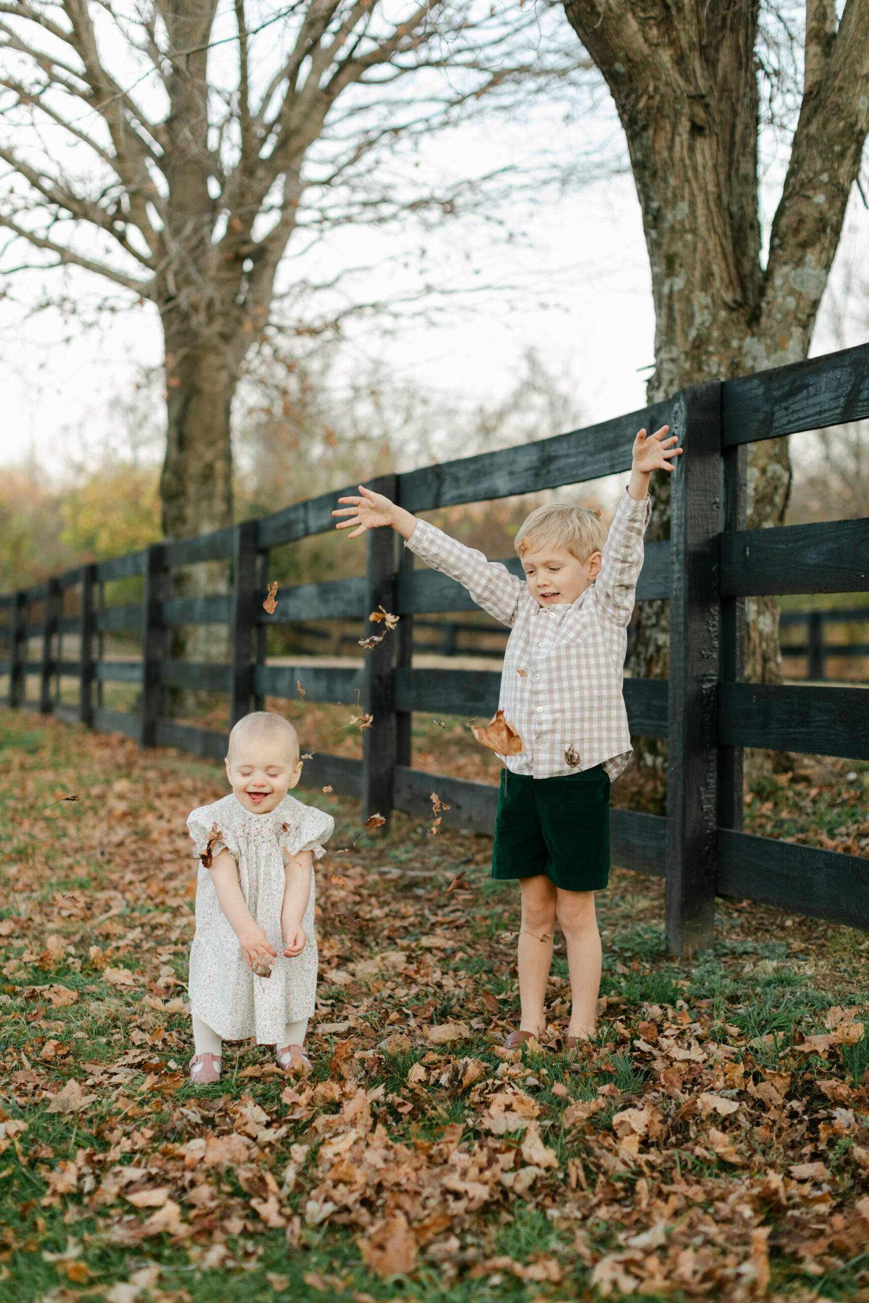 siblings (little boy and little girl) playing with fallen leaves during fall family photos