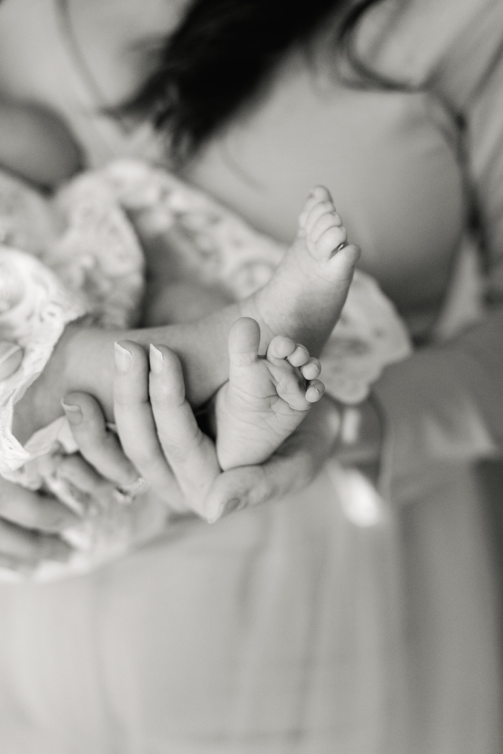 black and white photo of newborn baby girl's feet