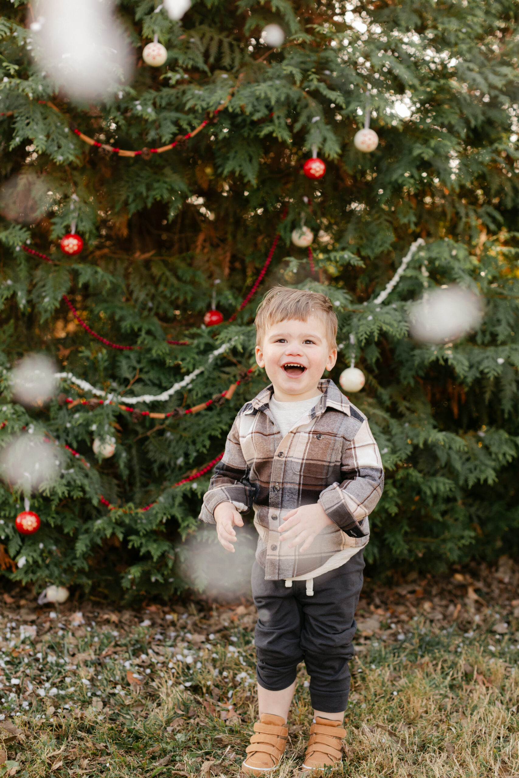 baby boy with son.  christmas themed family photos in tennessee with fake snow