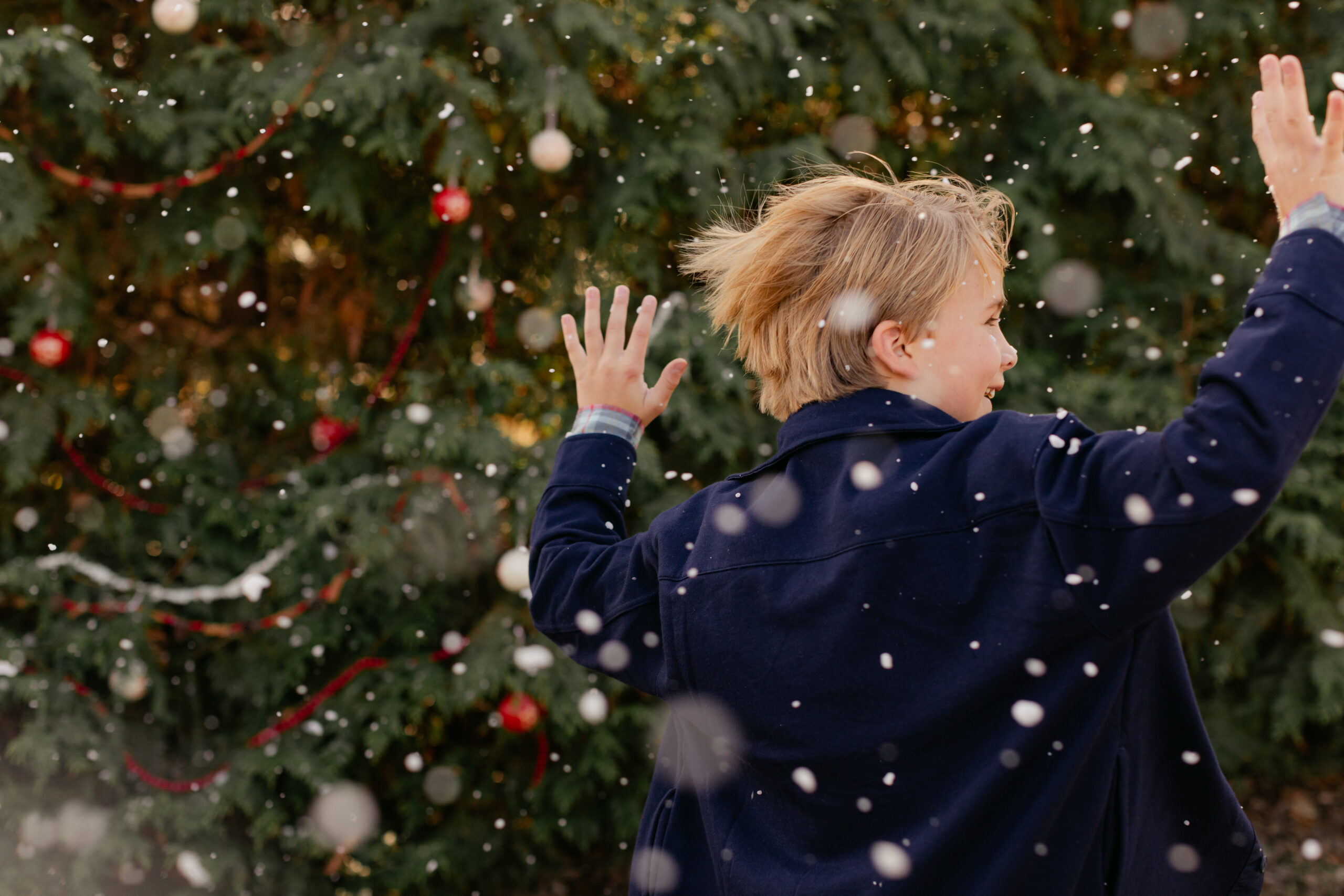 young boy.  christmas themed family photos in tennessee with fake snow