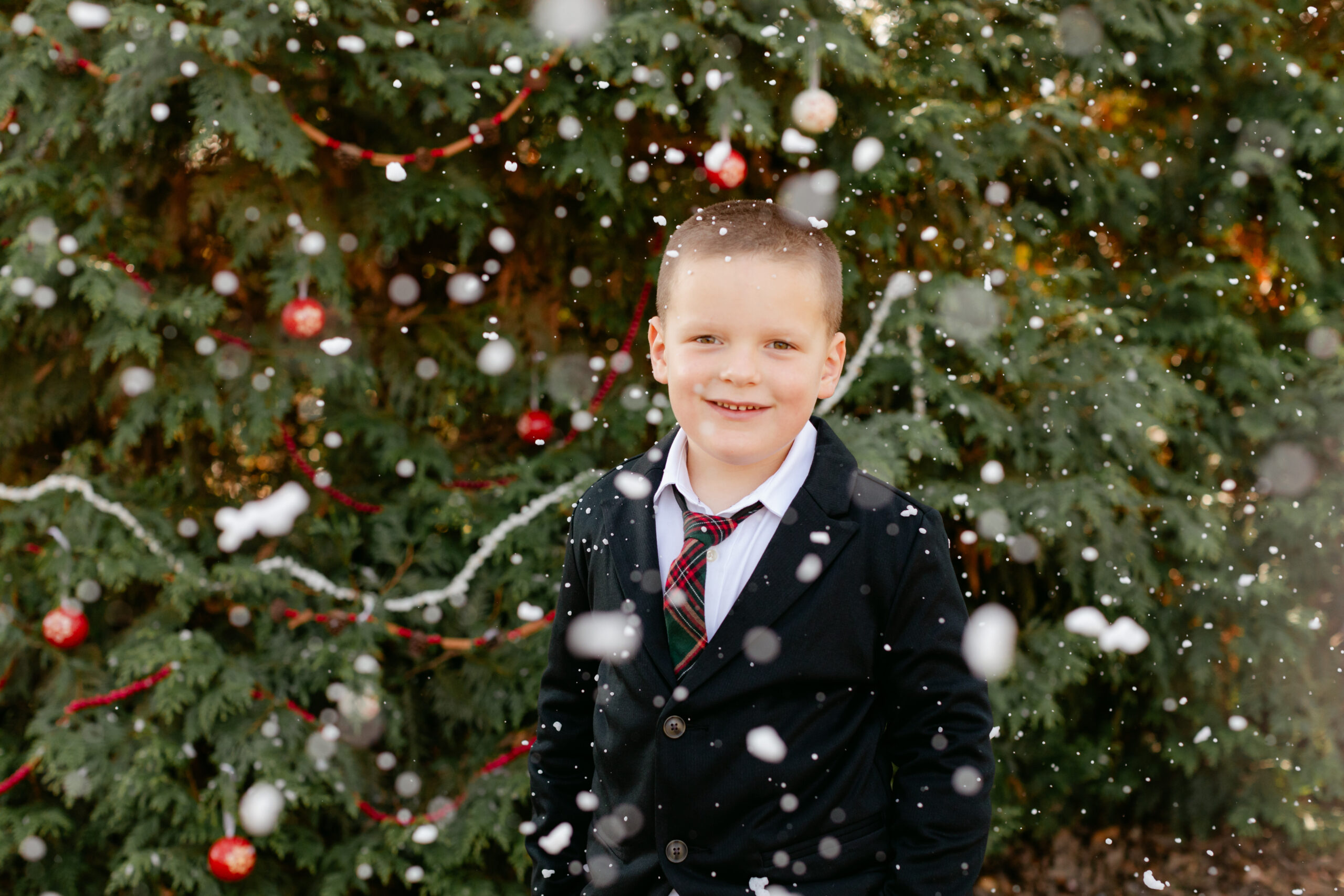 little boy portrait.  christmas themed family photos in tennessee with fake snow