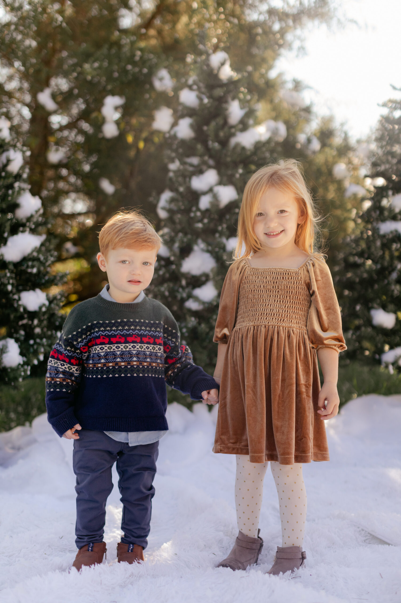 little sister and brother. snowy christmas family photos