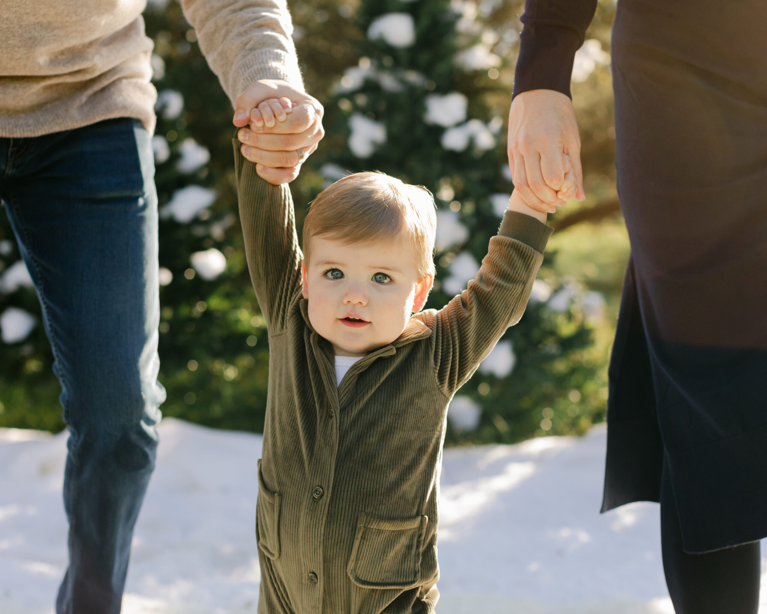 little boy holding parent's hands. snowy christmas family photos