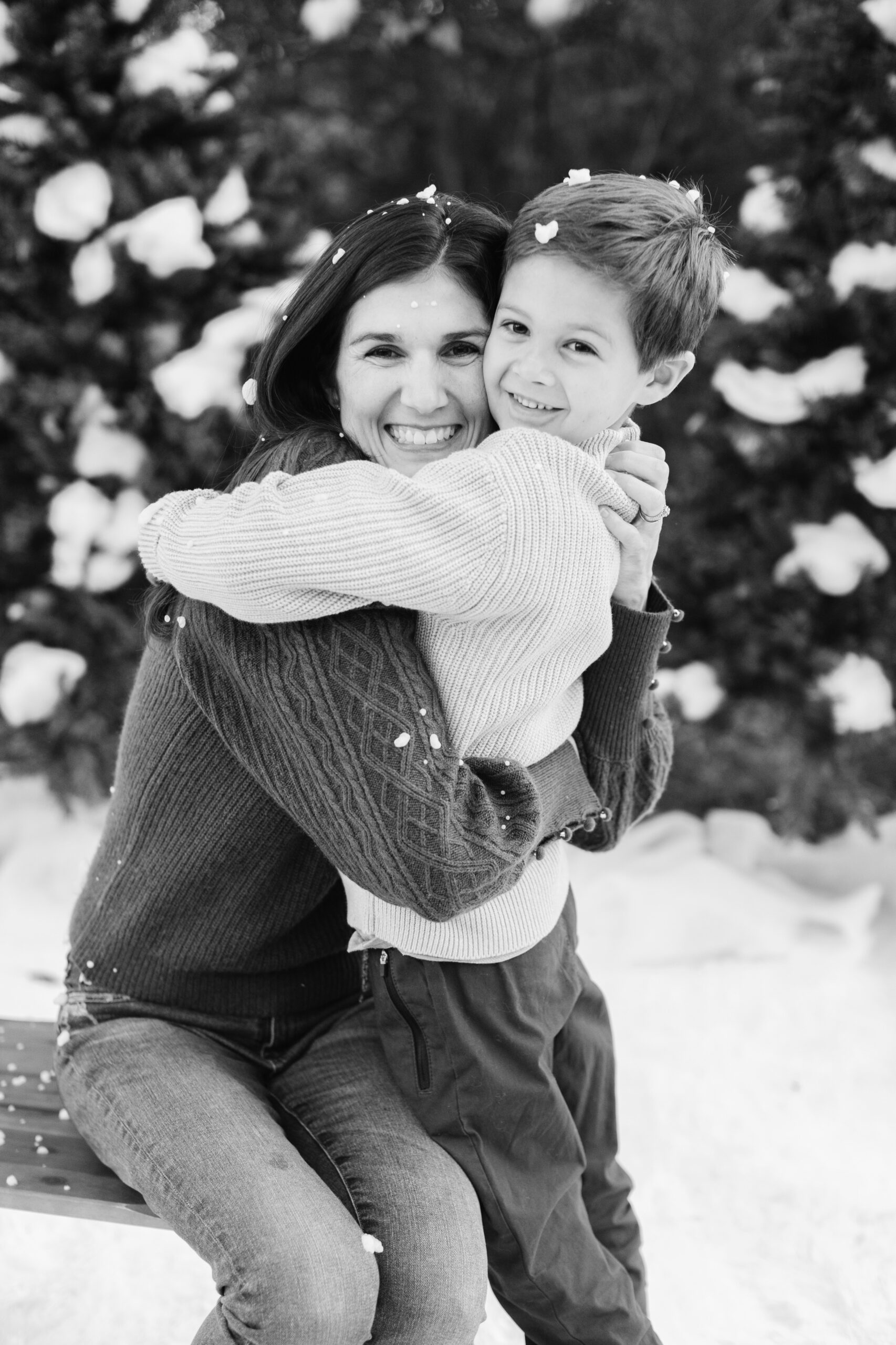 mom and son. snowy christmas family photos