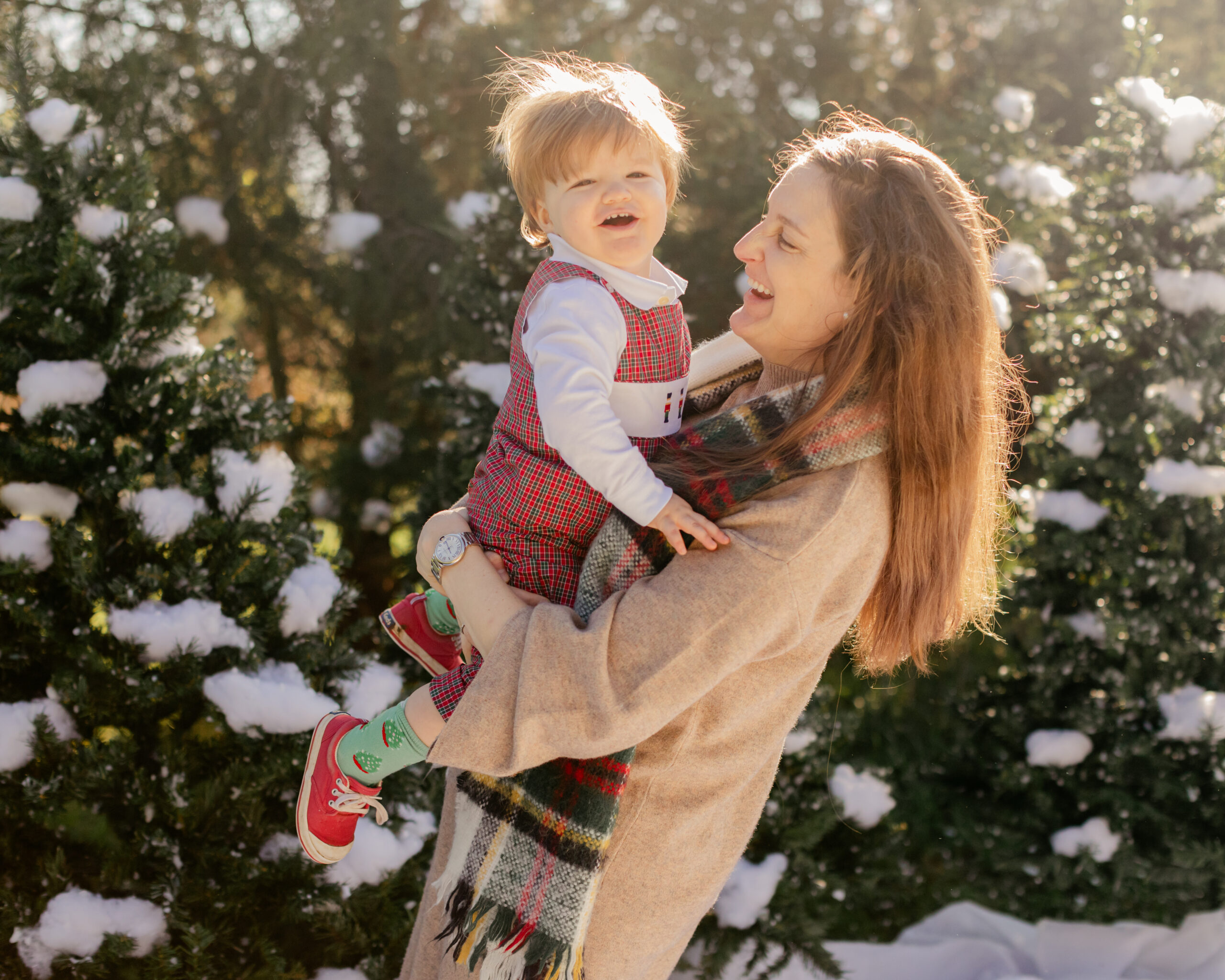 mom and son. snowy christmas family photos