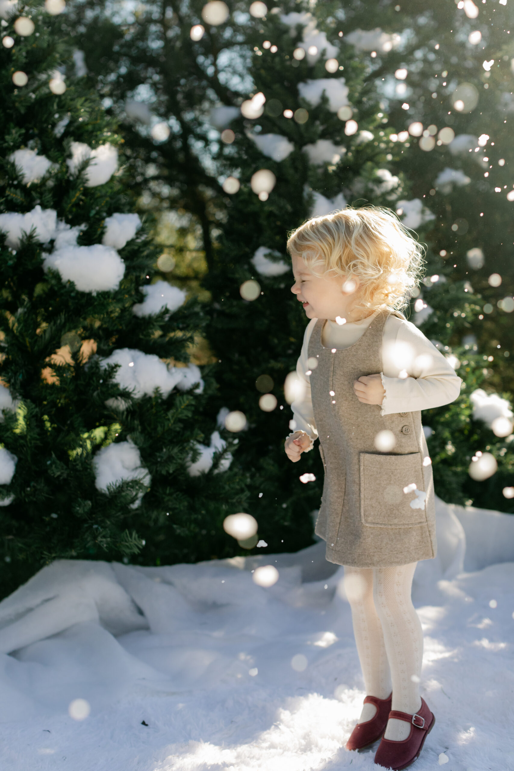 little girl. snowy christmas family photos