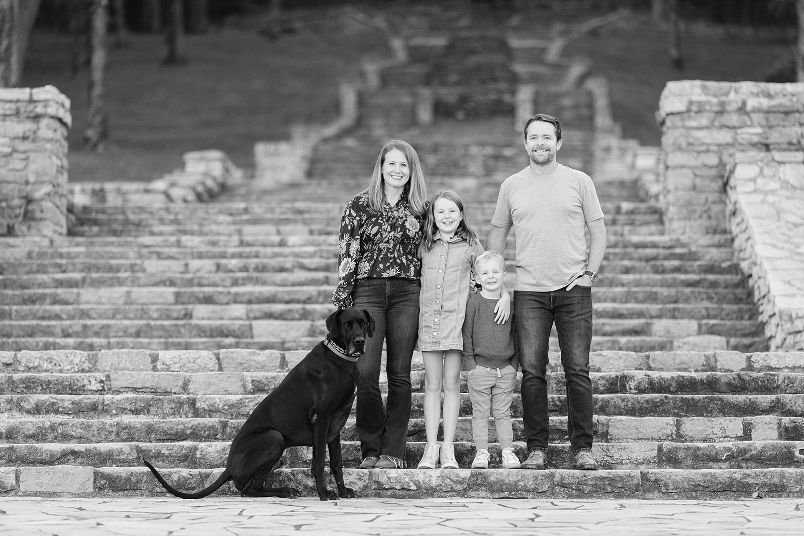 family of 4 and their large dog pose for family photos on the historical stone staircase in Belle Meade, Tn in Percy Warner park. 