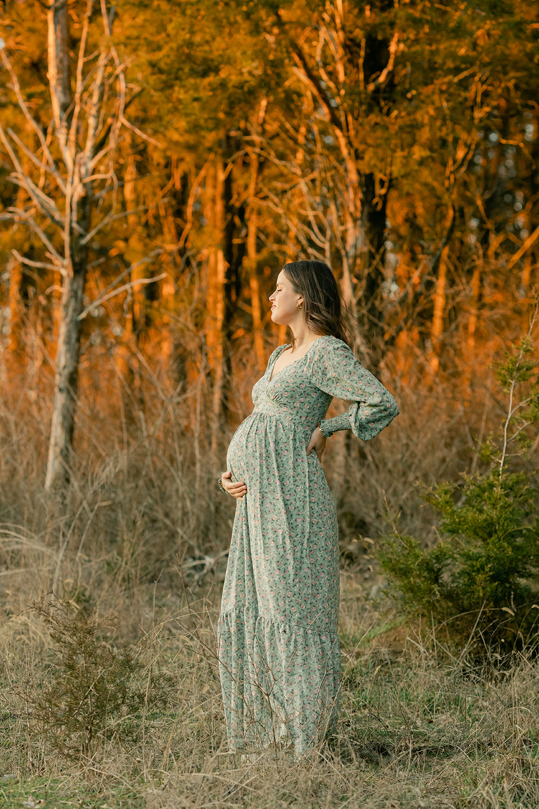 a pregnant mother stands at the edge of a forrest. She is holding her stomach as the wind blows through her hair and the golden sunlight lands on her face.