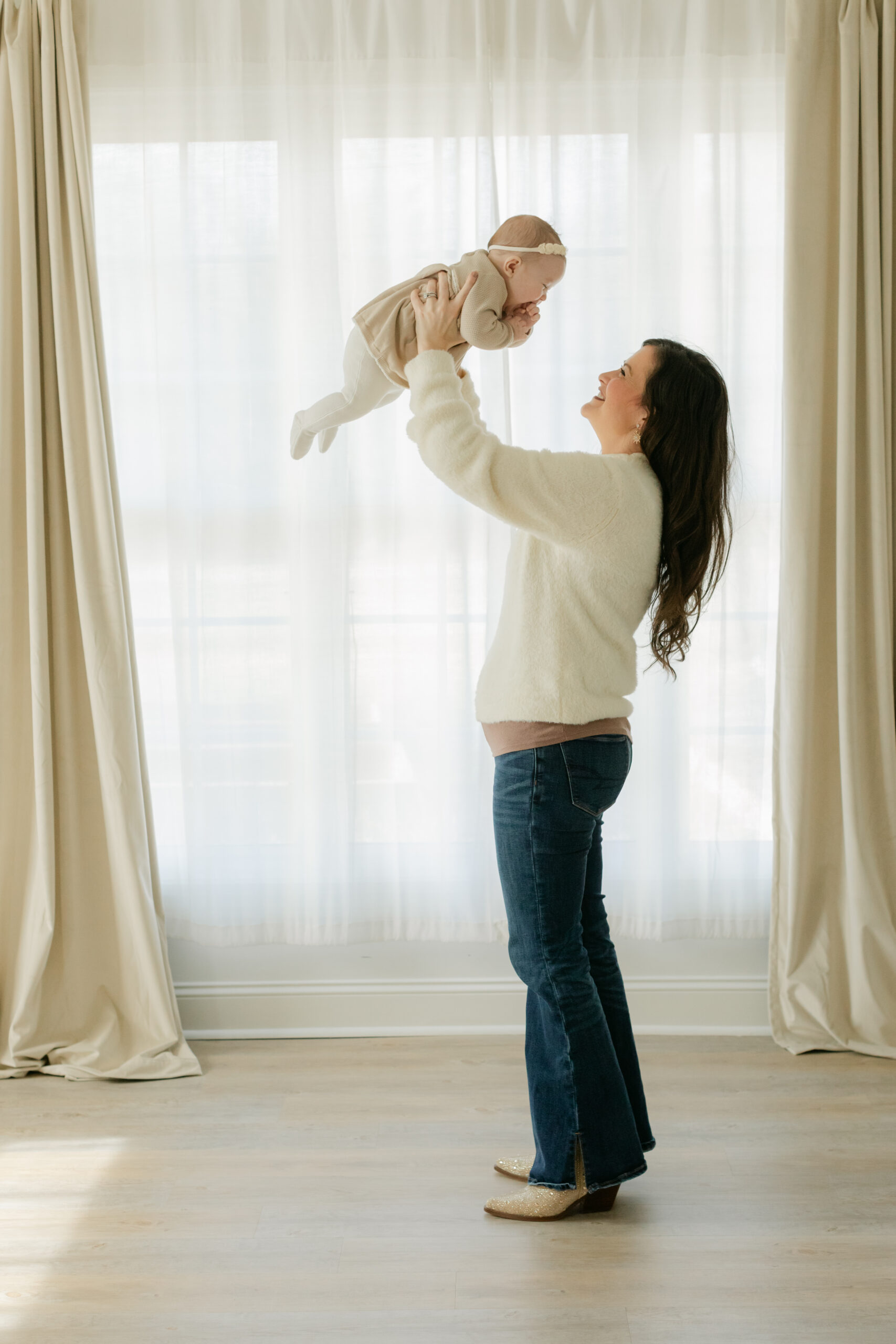 Mama and baby girl. 3 month old baby milestone session