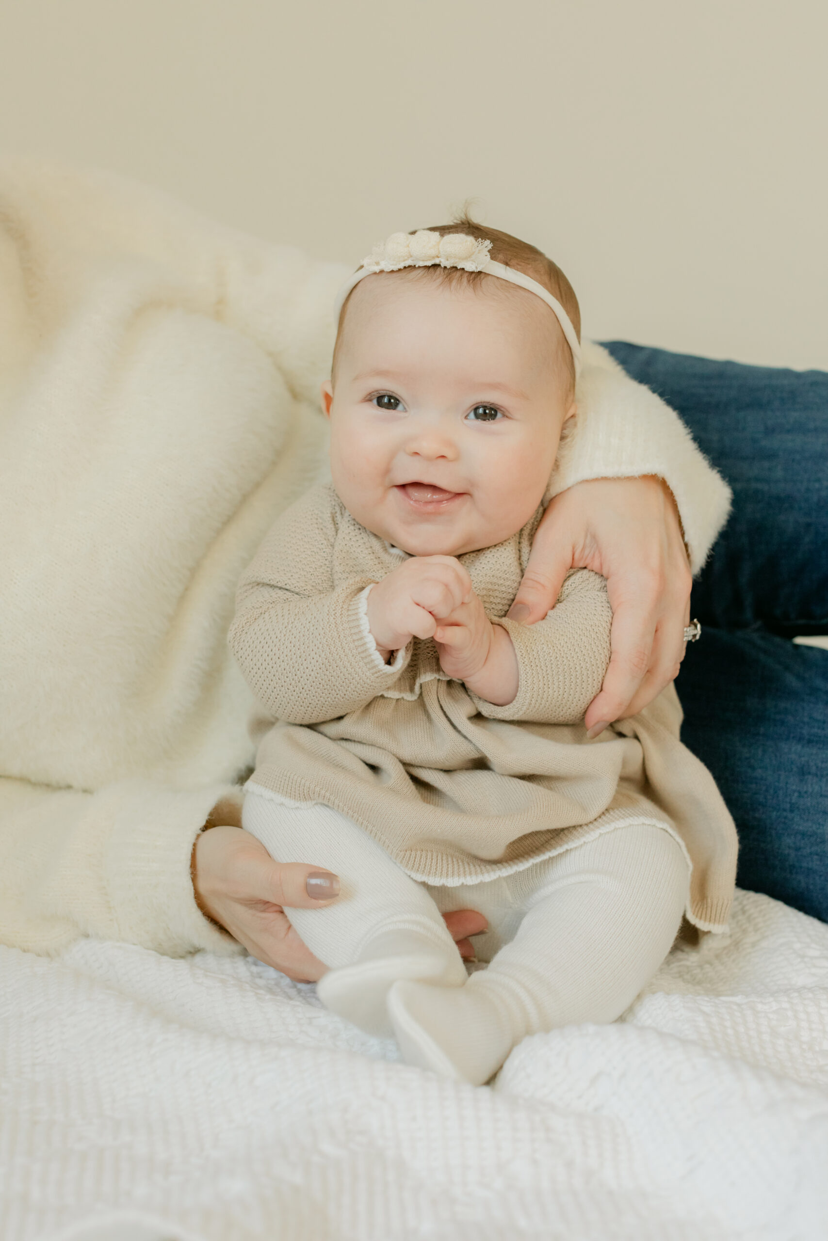 Mama and baby girl. 3 month old baby milestone session