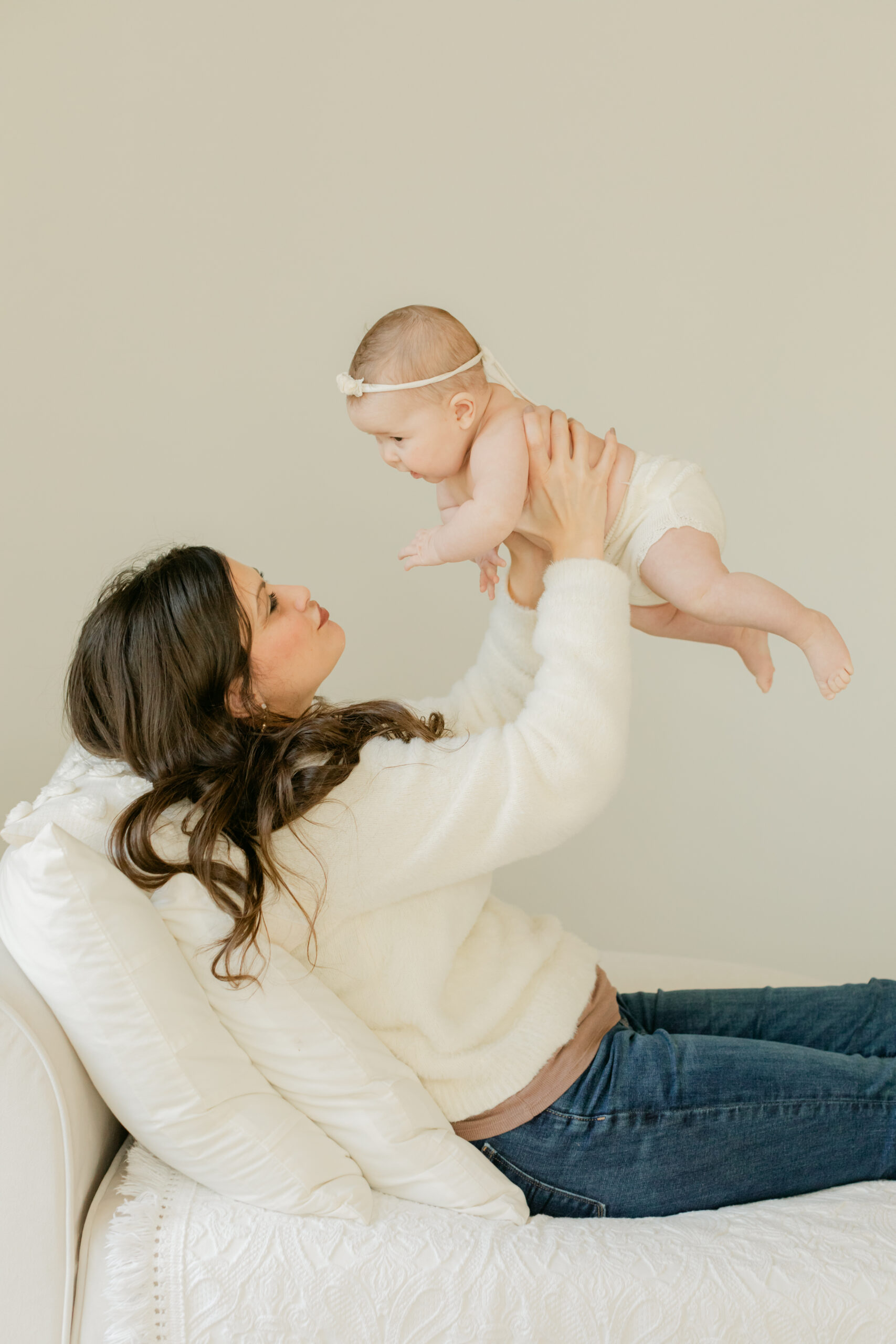 Mama and baby girl. 3 month old baby milestone session