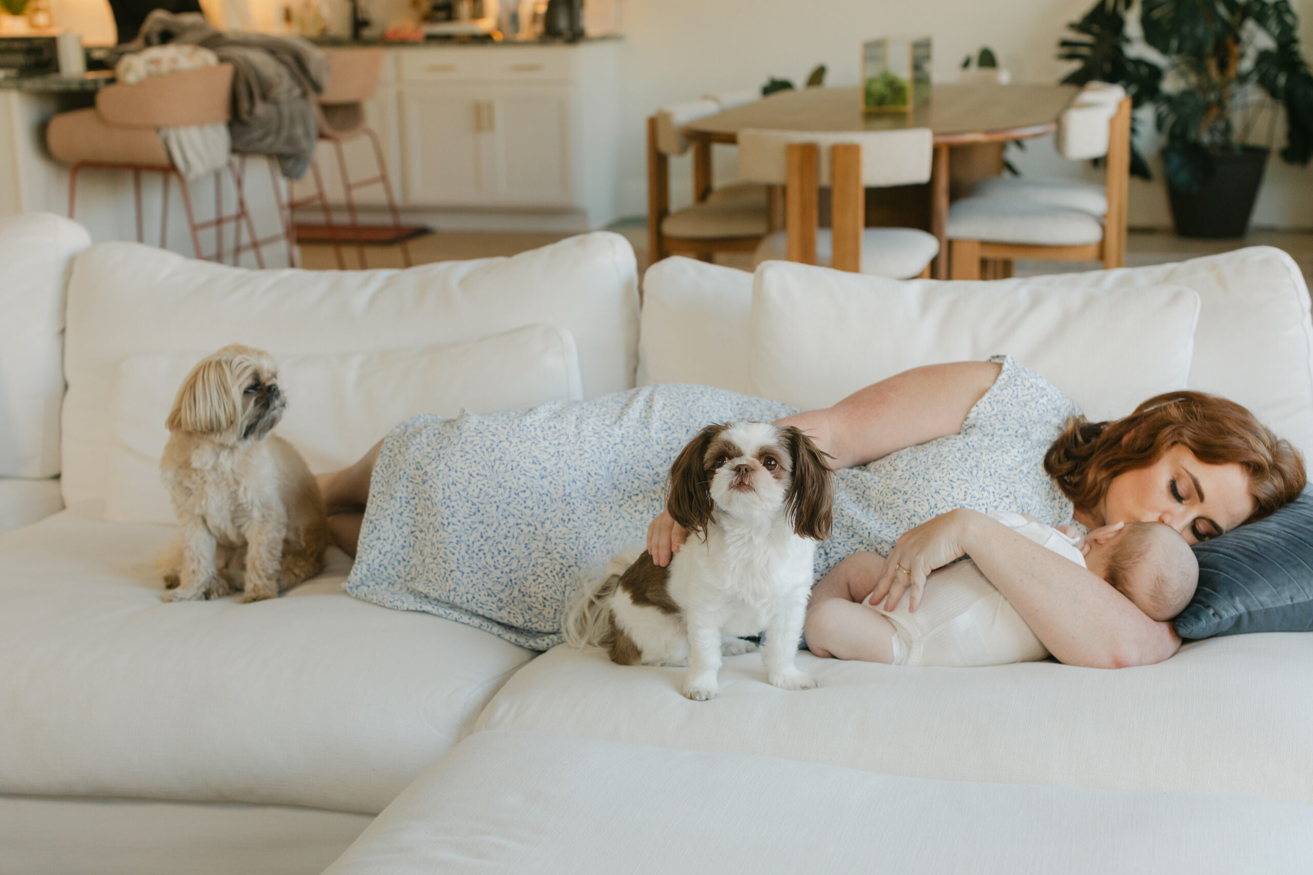 mama with baby boy and 2 family dogs