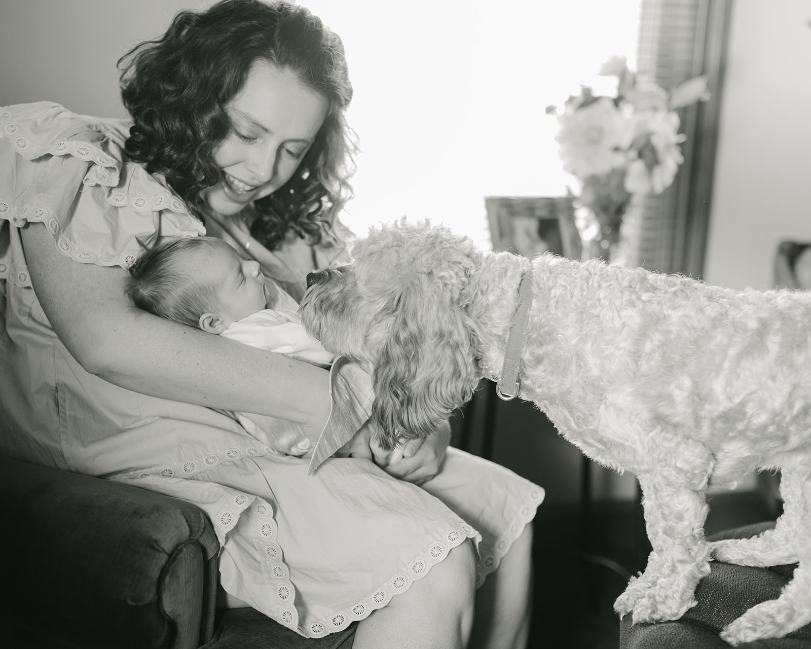 mom with newborn baby boy and family dog