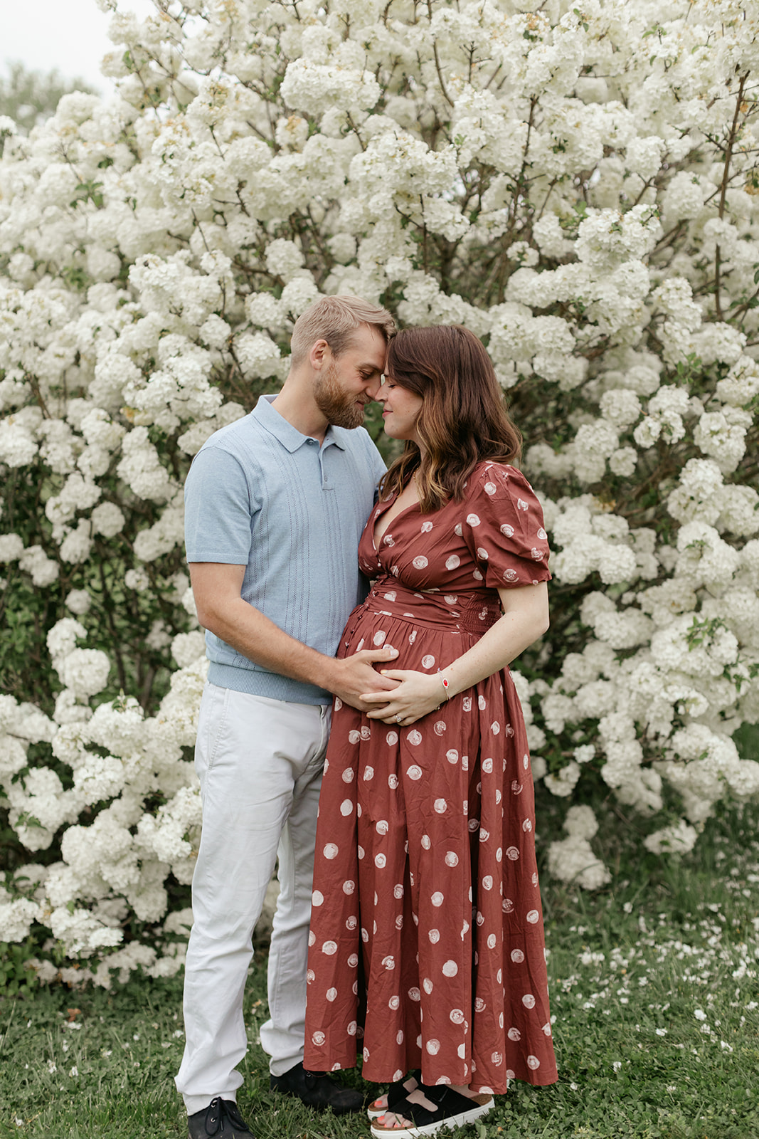 couple during maternity photos with flower bush