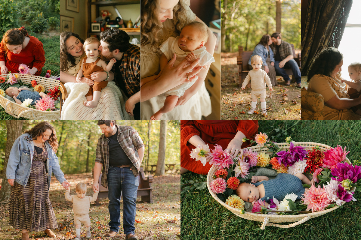 collage of photos from newborn, 6 month, 1 year session