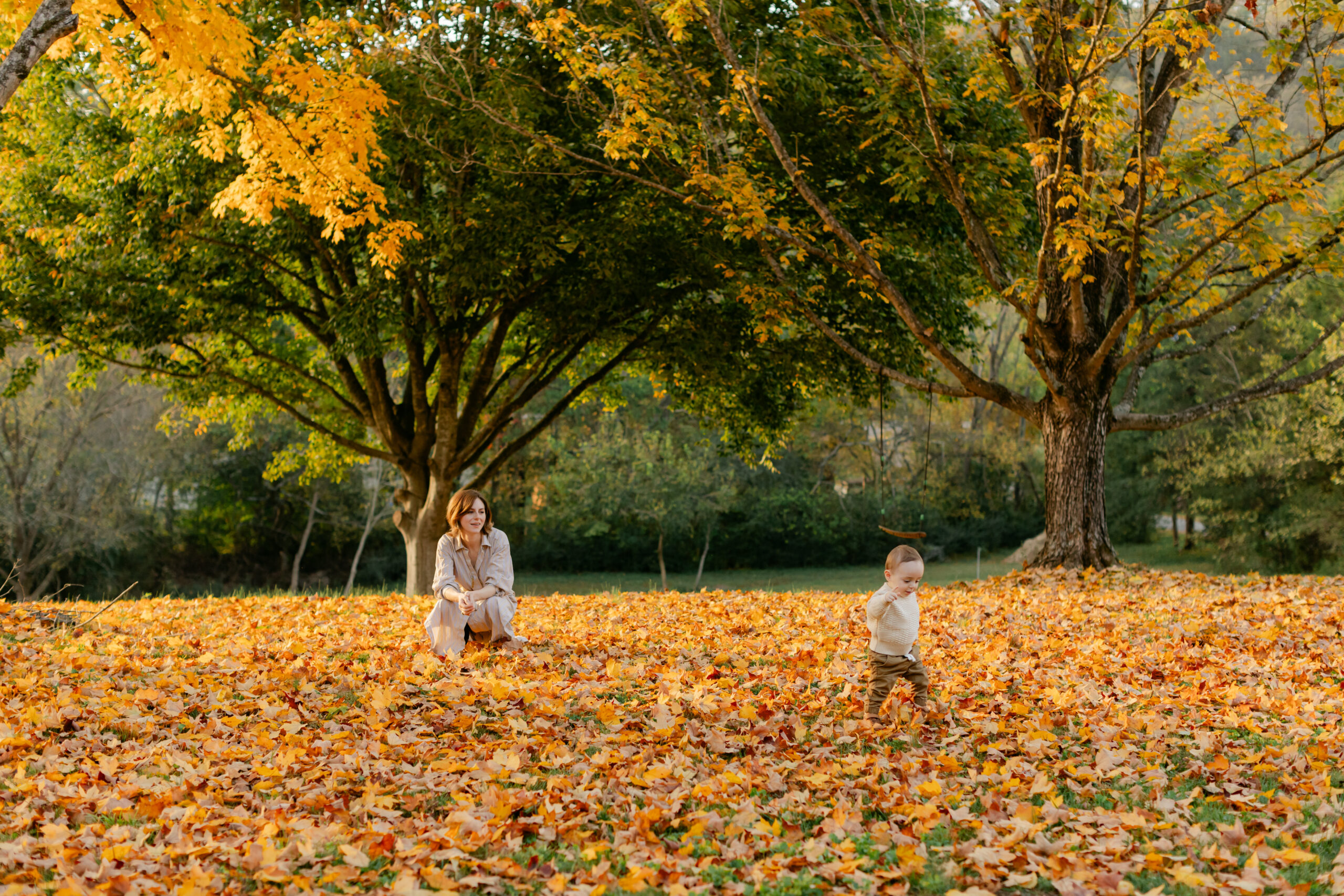 outdoor fall family session. mama and little boy surrounded by fallen leaves
