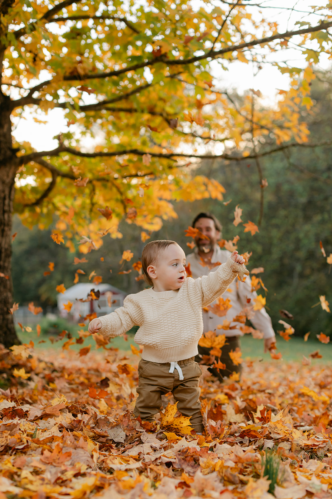 outdoor fall family session. dad and son playing in leaves