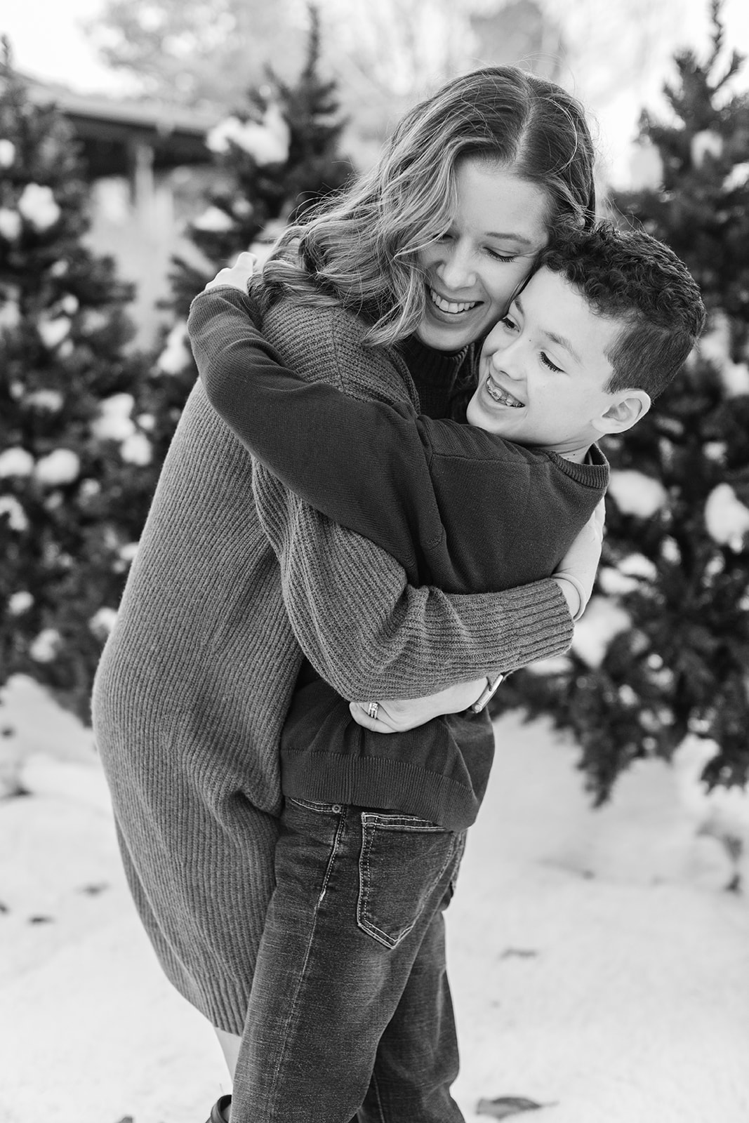 mom and son. outdoor christmas family photo.