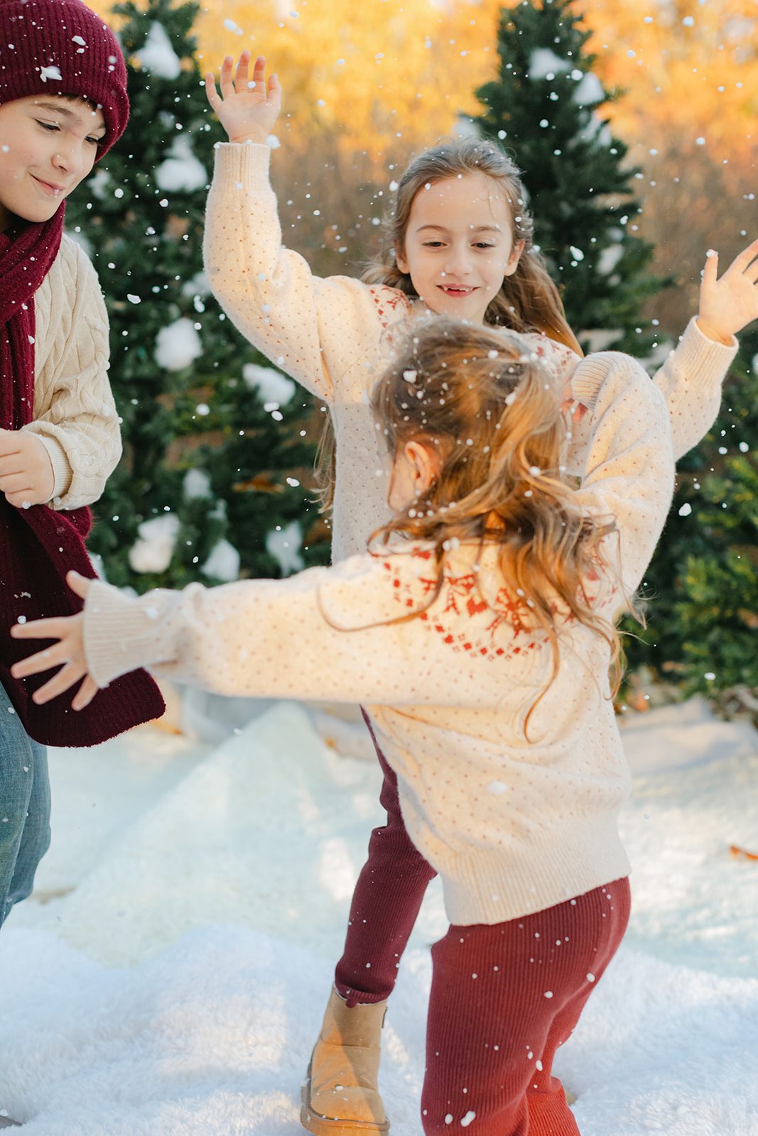 three siblings. outdoor christmas family photo.