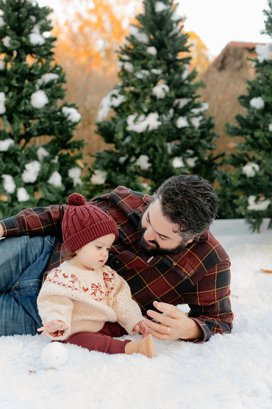 dad and baby girl. outdoor christmas family photo.