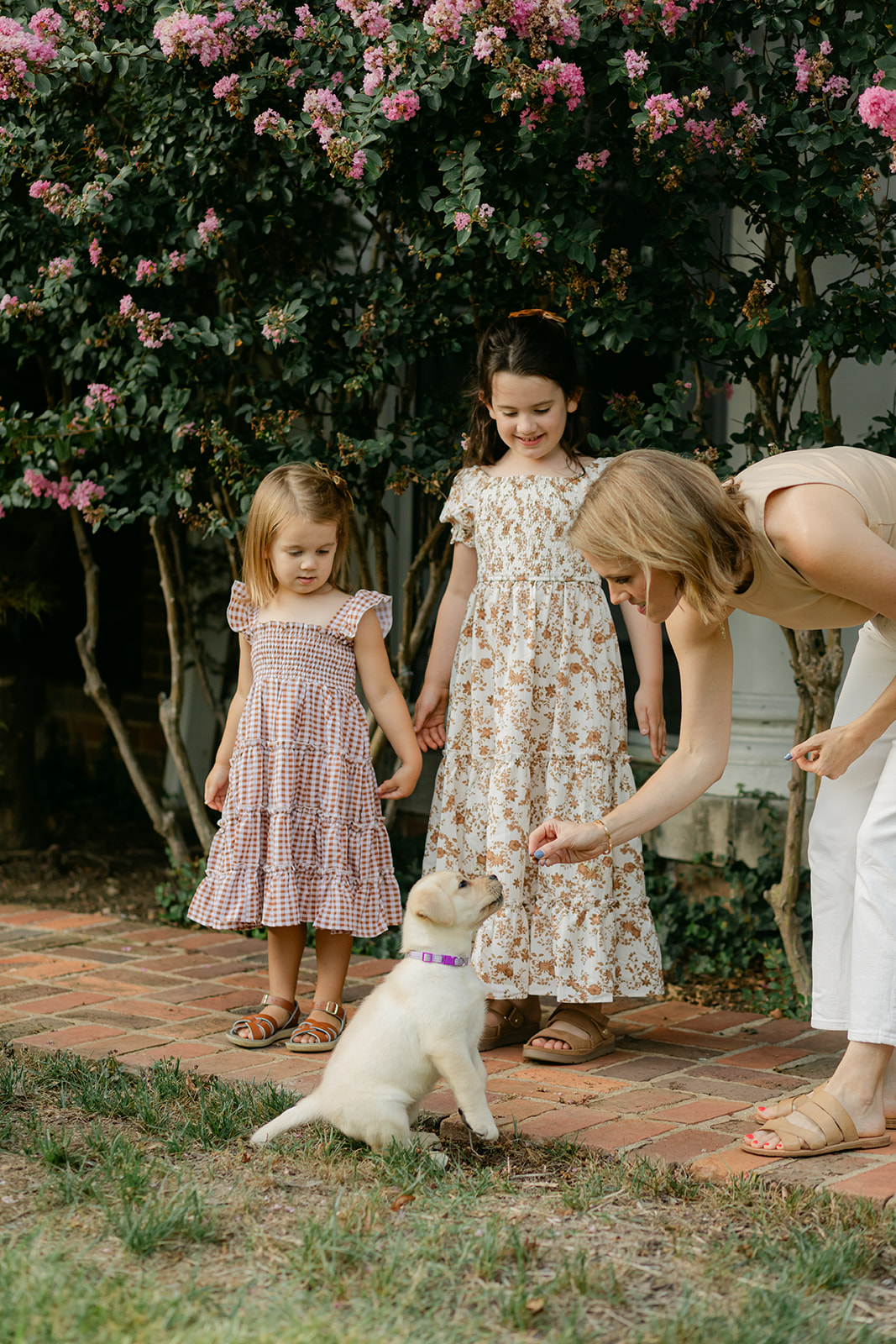 mom with new puppy and two daughters 